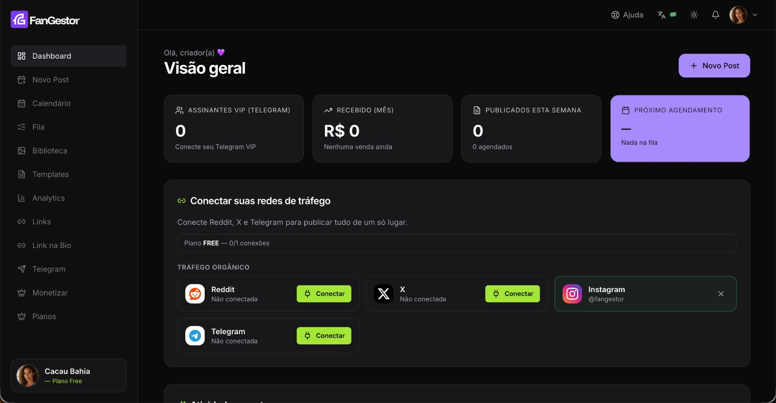 Painel do FanGestor com assinantes, receita e agendamentos